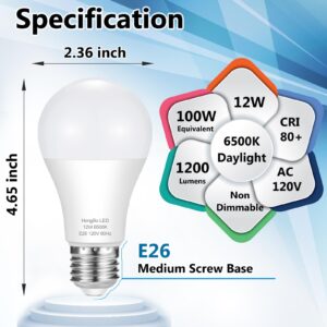 A19 LED Light Bulbs 100 Watt Equivalent, HengBo 6500K Daylight White Light Bulb, 12W 1200 Lumens, Non-Dimmable, E26 Standard Medium Base Super Bright Lamp for Bathroom Home Lighting (Pack of 4)