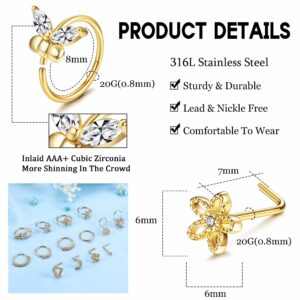 ORAZIO 16Pcs Nose Rings For Women Surgical Steel Nose Studs Hoops 20G Nose Hoop Corkscrew L Shaped Nose Stud Gold Silver Nose Ring Nose Piercing Jewelry (Gold Tone)