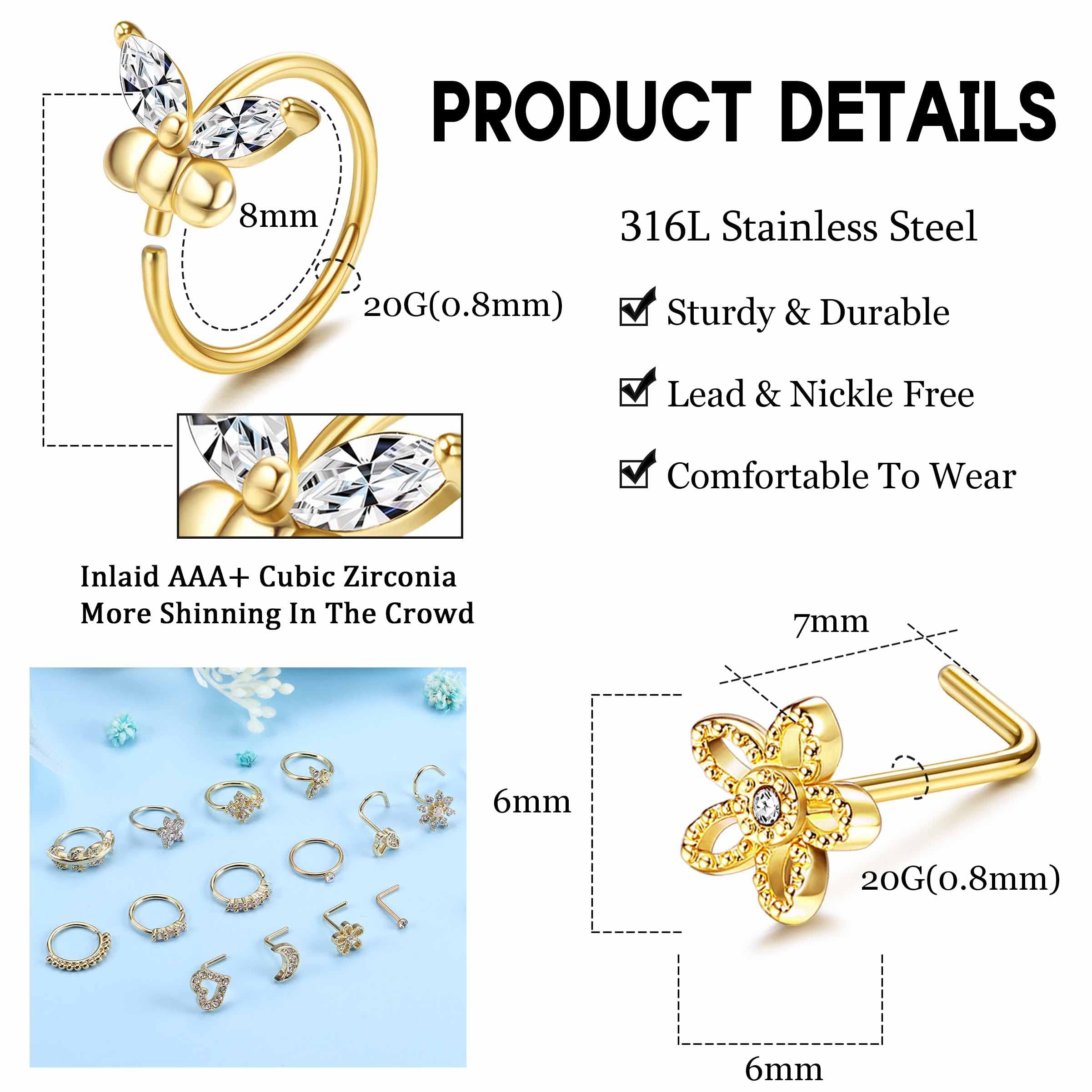 ORAZIO 16Pcs Nose Rings For Women Surgical Steel Nose Studs Hoops 20G Nose Hoop Corkscrew L Shaped Nose Stud Gold Silver Nose Ring Nose Piercing Jewelry (Gold Tone)