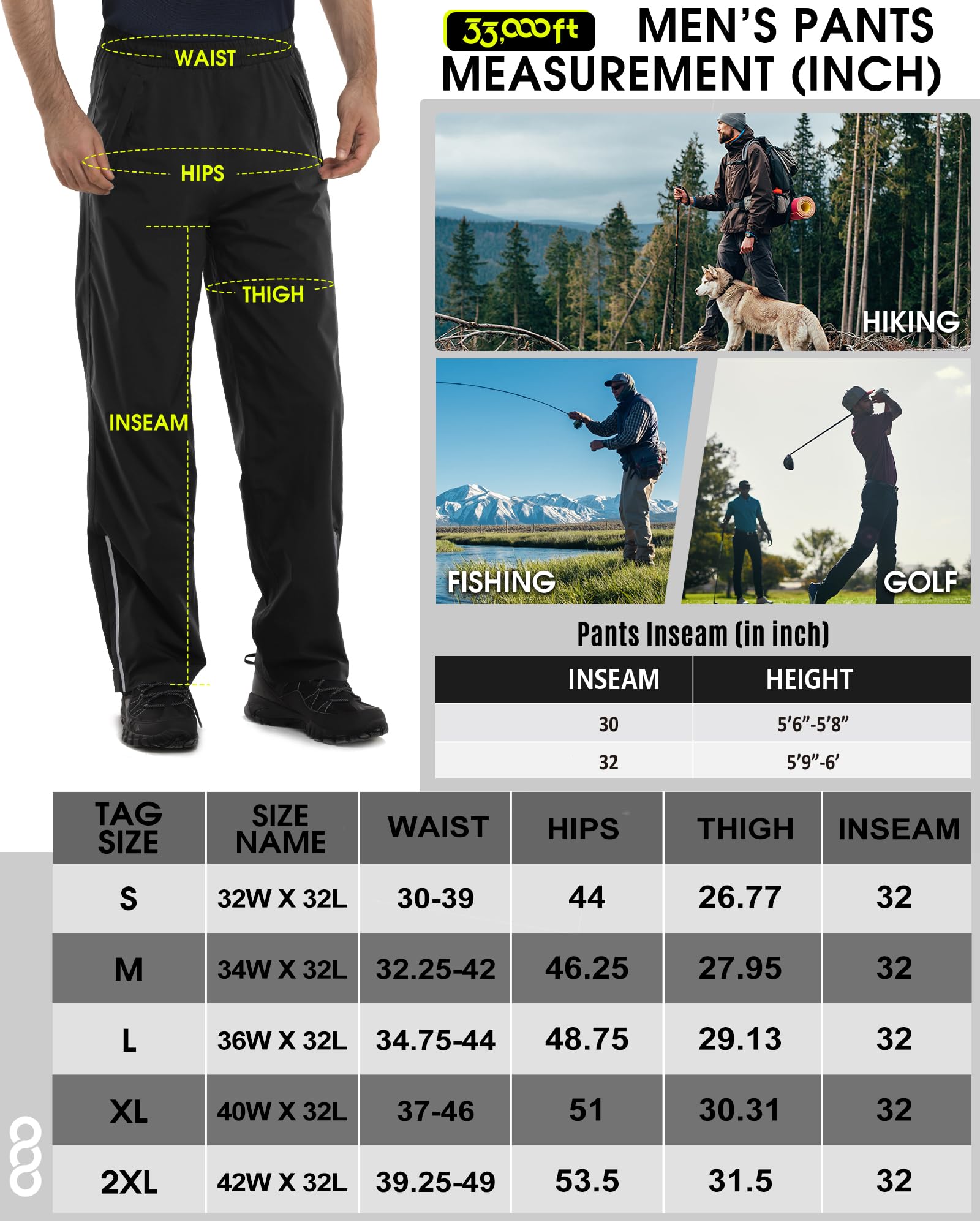 33,000ft Men's Rain Pants Waterproof Rain Over Pants Windproof Lightweight Outdoor Rain Pants for Work Golf Hiking Fishing Black