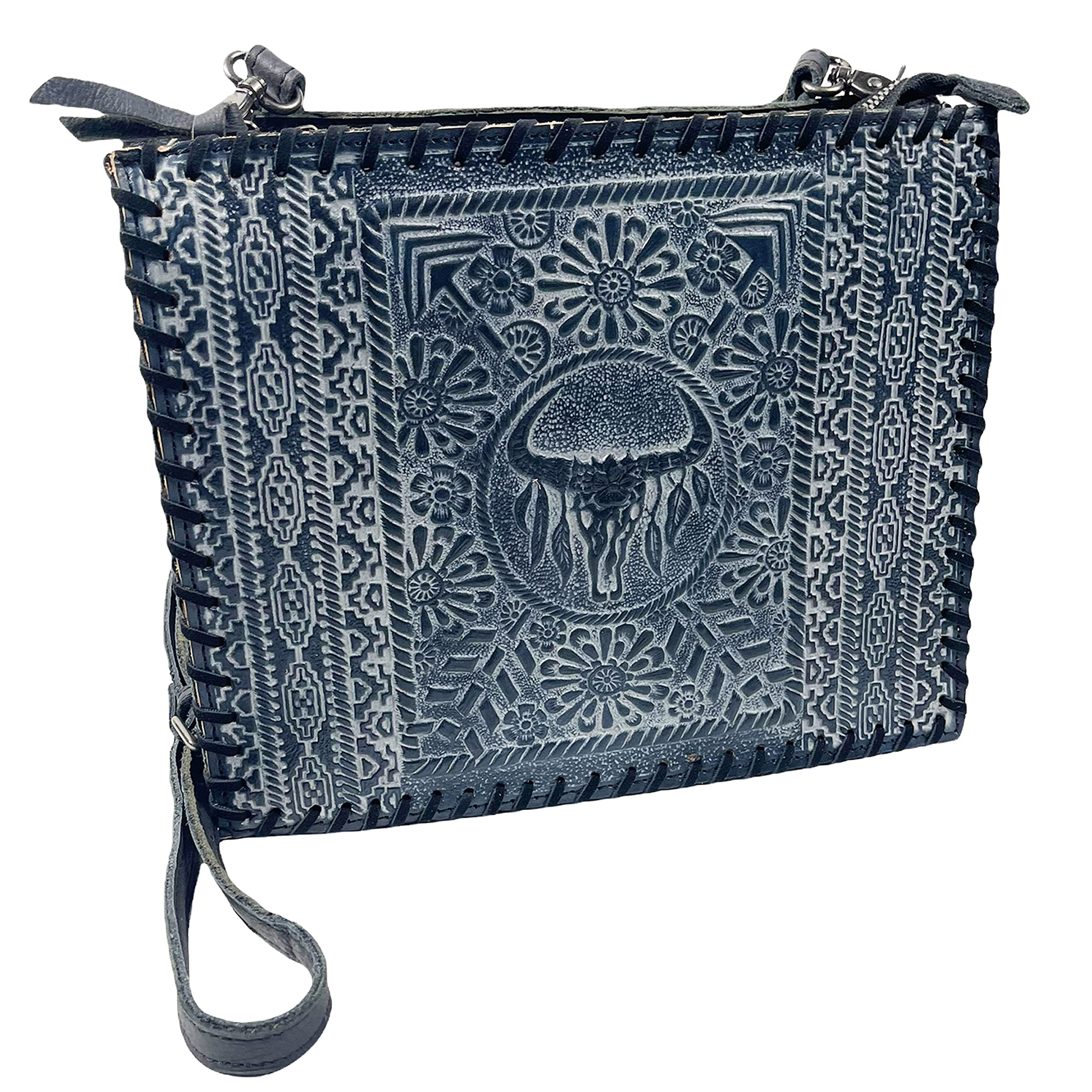 Urbalabs Western Crossbody Purse Large Handbag Genuine Leather Longhorn Cow Skull Tooled Tote Bag Hand Stitched (Blue)