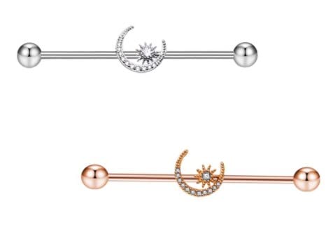 14G Industrial Stainless Steel Barbell Moon w/Stars - 14 Gauge Cartilage Industrial Ear Piercing Jewelry (Silver)