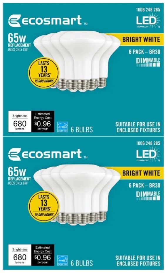 LED TECHNOLOGY EcoSmart 65-Watt Equivalent BR30 Dimmable LED Light Bulb Bright White (12-Pack), 12 Count (Pack of 1)