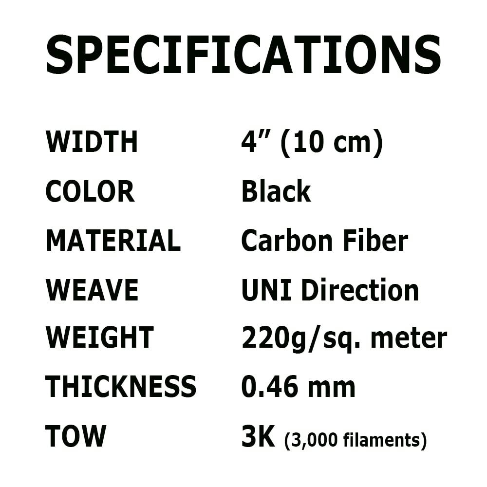 (1 ft -10 ft Rolls) KARBXON - 4 in - Carbon Fiber Fabric - Black - 3K - 220g/meter - UNI Weave - Advanced Fiber Cloth Fabric - Rolled 4” Wide Hemmed Fabric for Repair, Drones, RC & DIY Projects