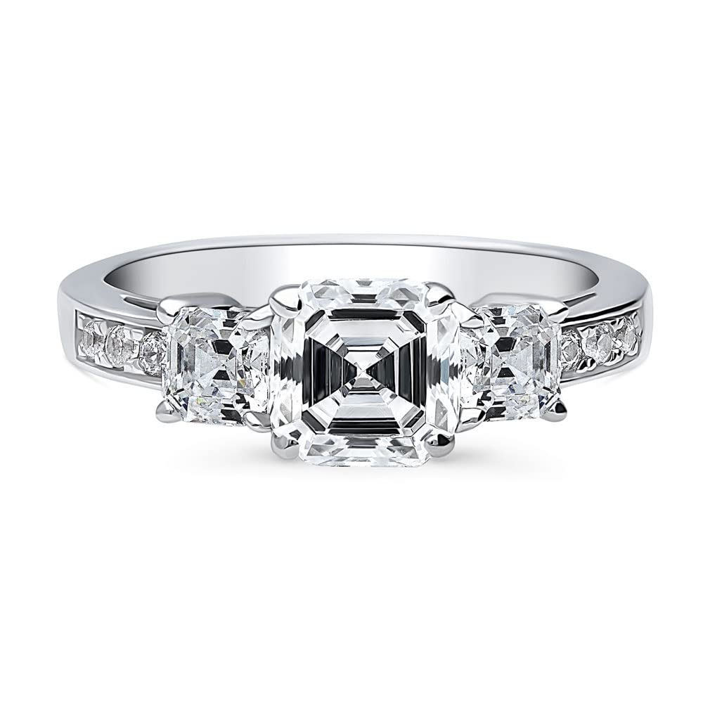 BERRICLE Sterling Silver 3-Stone Wedding Engagement Rings Asscher Cut Cubic Zirconia CZ Promise Ring for Women, Rhodium Plated Size 5