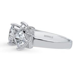 BERRICLE Sterling Silver 3-Stone Princess Cut Cubic Zirconia CZ Statement Art Deco Fashion Ring for Women, Rhodium Plated Size 8