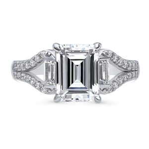 BERRICLE Sterling Silver Solitaire Wedding Engagement Rings 2.6 Carat Step Emerald Cut Cubic Zirconia CZ Split Shank Ring for Women, Rhodium Plated Size 6