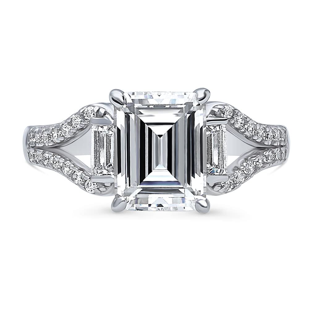 BERRICLE Sterling Silver Solitaire Wedding Engagement Rings 2.6 Carat Step Emerald Cut Cubic Zirconia CZ Split Shank Ring for Women, Rhodium Plated Size 6