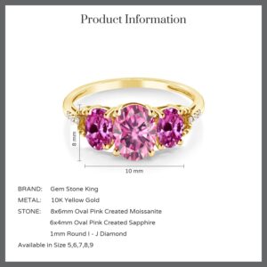 Gem Stone King 10K Yellow Gold Oval 8X6MM Pink Moissanite & 6X4MM Pink Created Sapphire 3-Stone Ring | 2.42 Cttw | 3 Stone Wedding Engagement Anniversary Promise Ring For Women (Size 6)