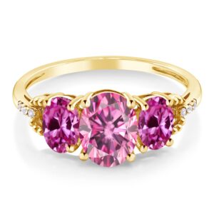 Gem Stone King 10K Yellow Gold Oval 8X6MM Pink Moissanite & 6X4MM Pink Created Sapphire 3-Stone Ring | 2.42 Cttw | 3 Stone Wedding Engagement Anniversary Promise Ring For Women (Size 6)