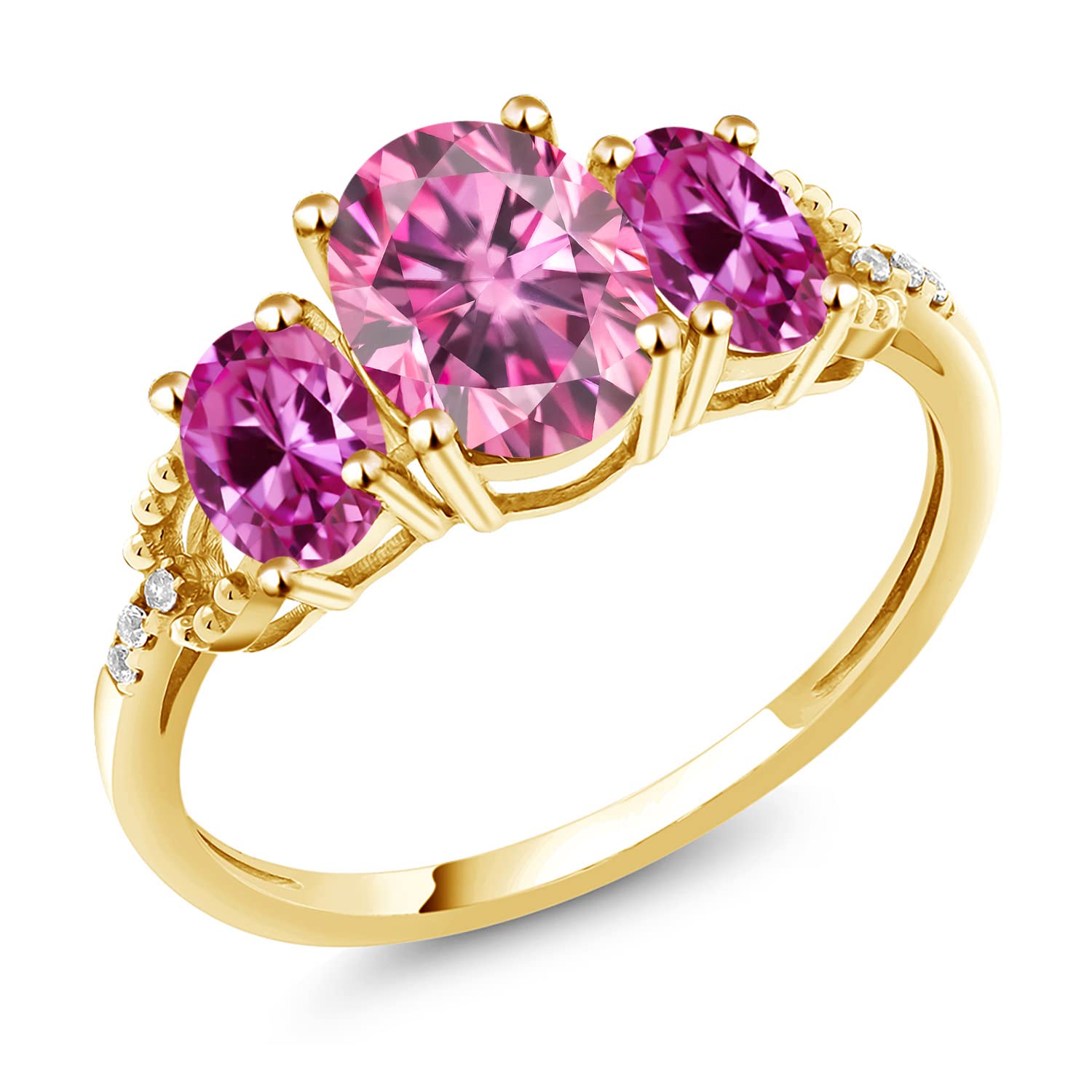 Gem Stone King 10K Yellow Gold Oval 8X6MM Pink Moissanite & 6X4MM Pink Created Sapphire 3-Stone Ring | 2.42 Cttw | 3 Stone Wedding Engagement Anniversary Promise Ring For Women (Size 6)