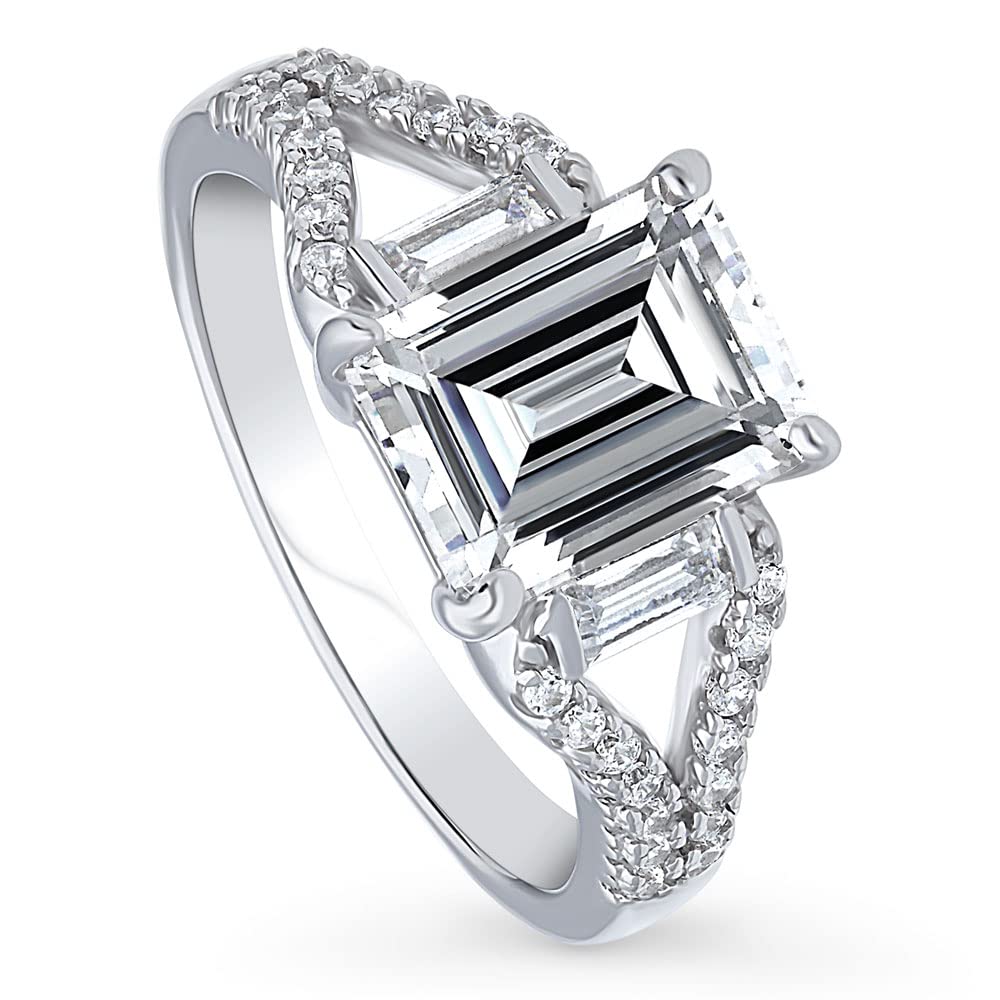 BERRICLE Sterling Silver Solitaire Wedding Engagement Rings 2.6 Carat Step Emerald Cut Cubic Zirconia CZ Split Shank Ring for Women, Rhodium Plated Size 6