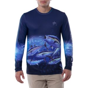 guy harvey men's frenzy sun protection long sleeve shirt, surf the web/frenzy, large