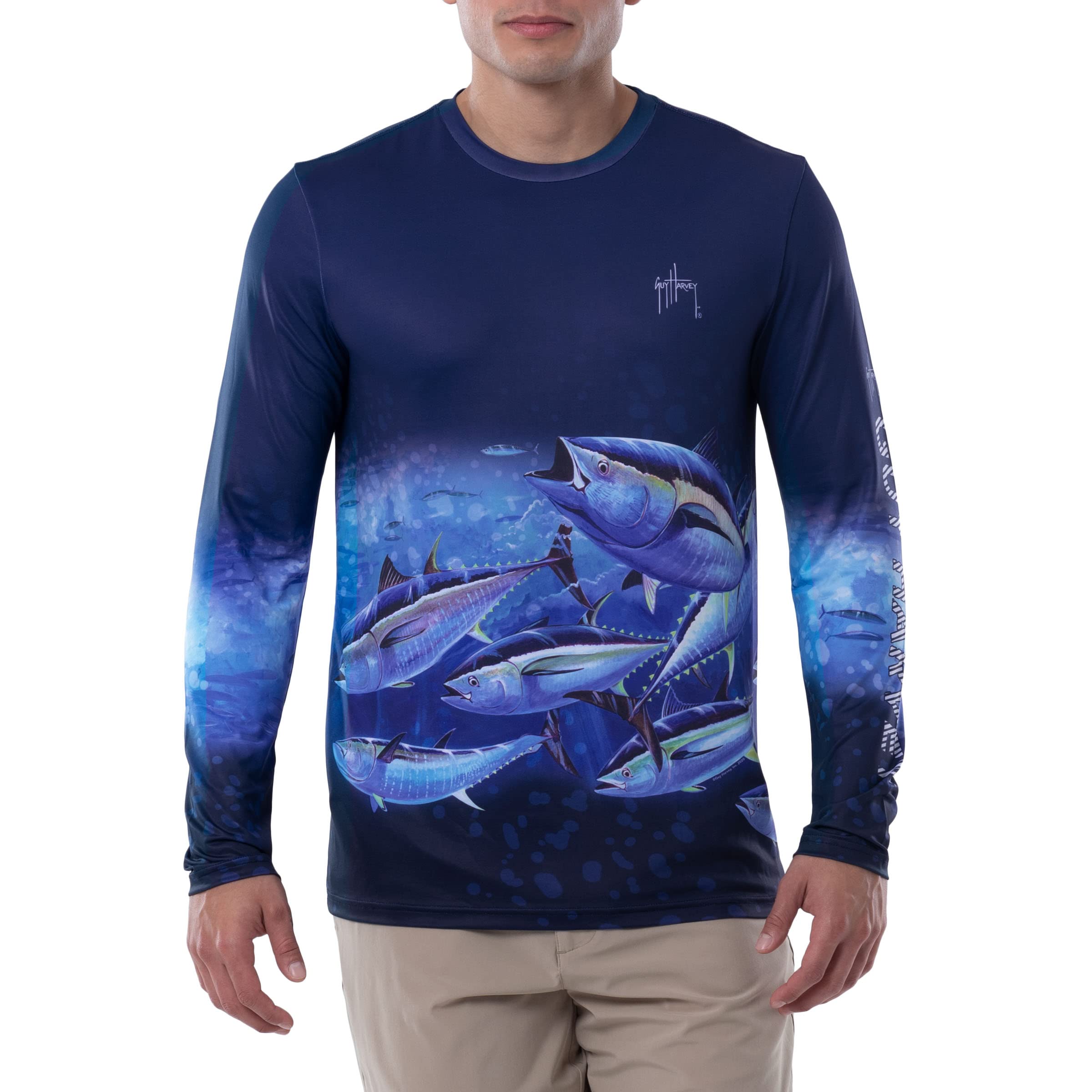 Guy Harvey Men's Frenzy Sun Protection Long Sleeve Shirt, Surf The Web/Frenzy, Large