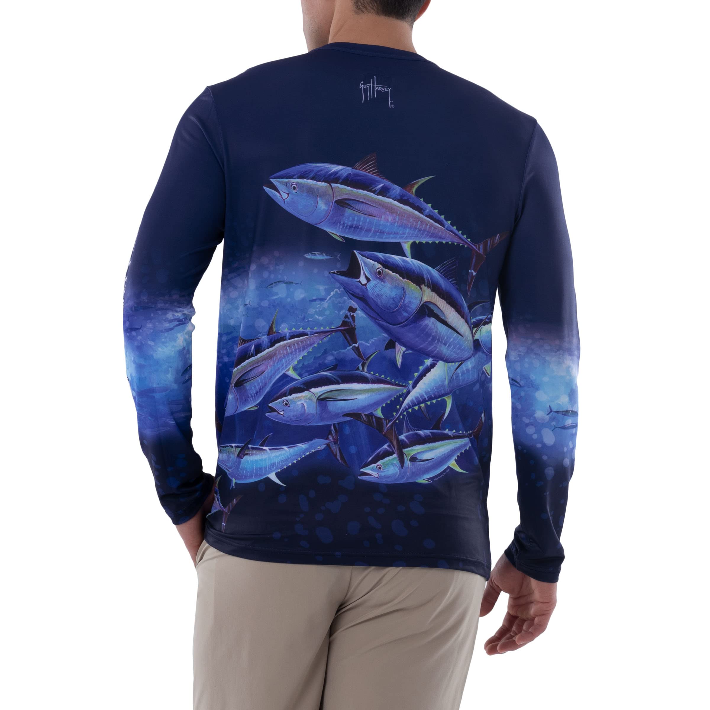 Guy Harvey Men's Frenzy Sun Protection Long Sleeve Shirt, Surf The Web/Frenzy, Large