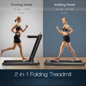 Goplus 2-in-1 Folding Treadmill, 2.25HP Electric Under Desk Treadmill W/LED Display, Blue Tooth Speaker, APP & Remote Control, Phone Holder, Walking Running Machine for Home Office Gym (Black)