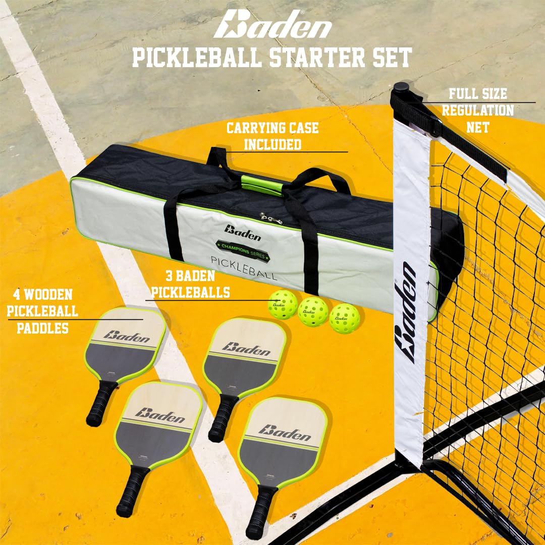 Baden Champions Portable Outdoor Official Size Pickleball Net Set - 22 ft Net, 3 Balls, 4 Wood Paddles & Carrying Case, Grey/Neon Yellow