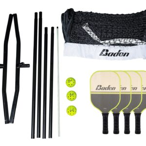 Baden Champions Portable Outdoor Official Size Pickleball Net Set - 22 ft Net, 3 Balls, 4 Wood Paddles & Carrying Case, Grey/Neon Yellow