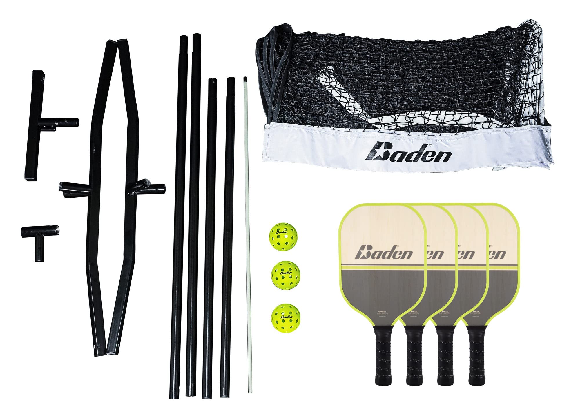 Baden Champions Portable Outdoor Official Size Pickleball Net Set - 22 ft Net, 3 Balls, 4 Wood Paddles & Carrying Case, Grey/Neon Yellow