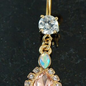 14K Gold Plated CZ Rounded Teardrop Center Dangling Navel Belly Button Ring 14g