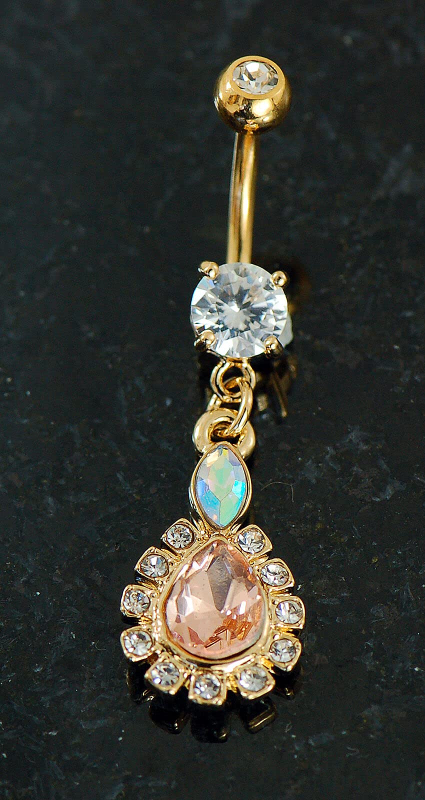 14K Gold Plated CZ Rounded Teardrop Center Dangling Navel Belly Button Ring 14g