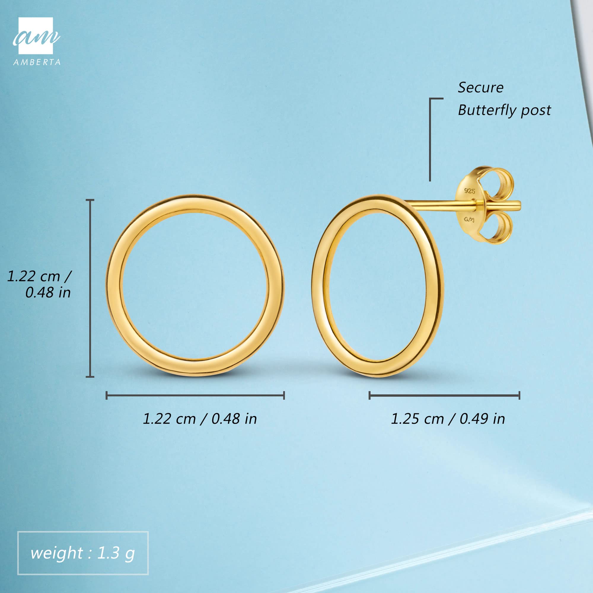 Amberta Women 925 Sterling Silver Minimalist Stud Earrings: Gold Plated Big Circumference Studs