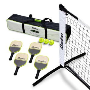 baden champions portable outdoor official size pickleball net set - 22 ft net, 3 balls, 4 wood paddles & carrying case, grey/neon yellow