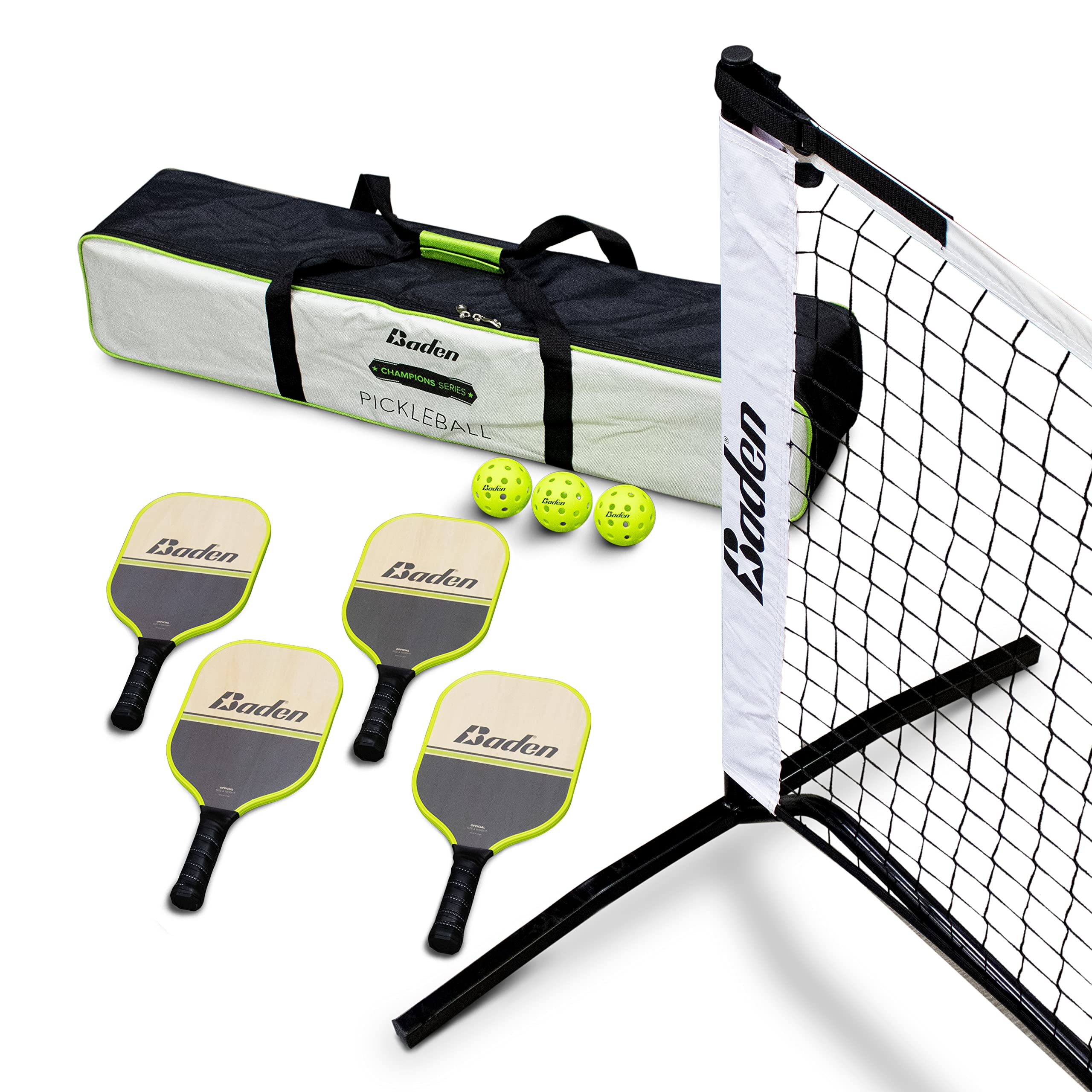 Baden Champions Portable Outdoor Official Size Pickleball Net Set - 22 ft Net, 3 Balls, 4 Wood Paddles & Carrying Case, Grey/Neon Yellow