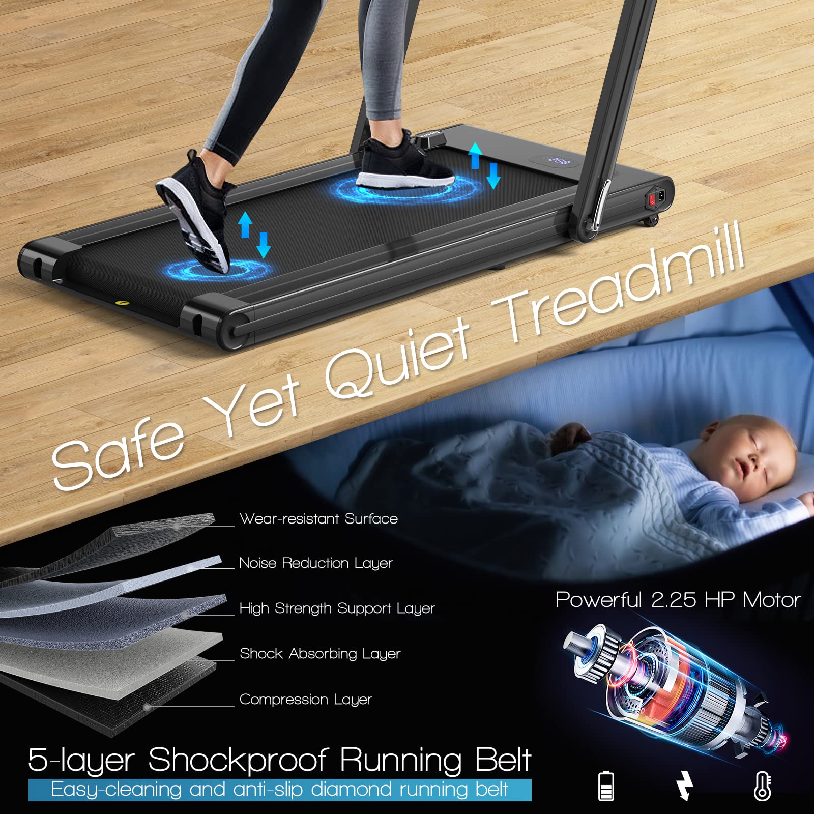 Goplus 2-in-1 Folding Treadmill, 2.25HP Electric Under Desk Treadmill W/LED Display, Blue Tooth Speaker, APP & Remote Control, Phone Holder, Walking Running Machine for Home Office Gym (Black)