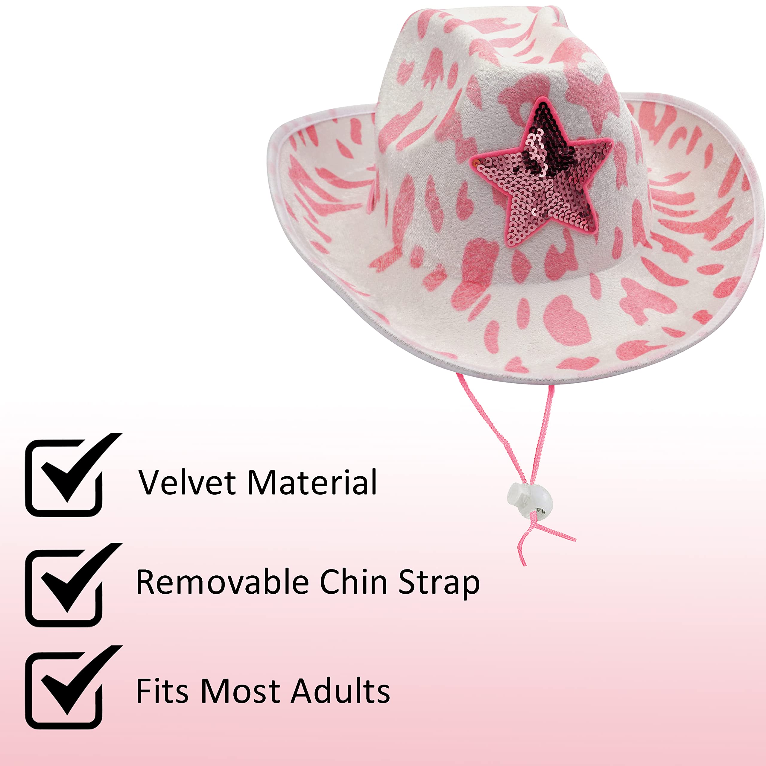 4E's Novelty Cow Print Cowboy Hat with Accessory, Cowgirl Hat for Women Men Adult Western Party, Cowgirl Costume Accessory (White & Pink Cowprint + Heart Shaped Glasses)