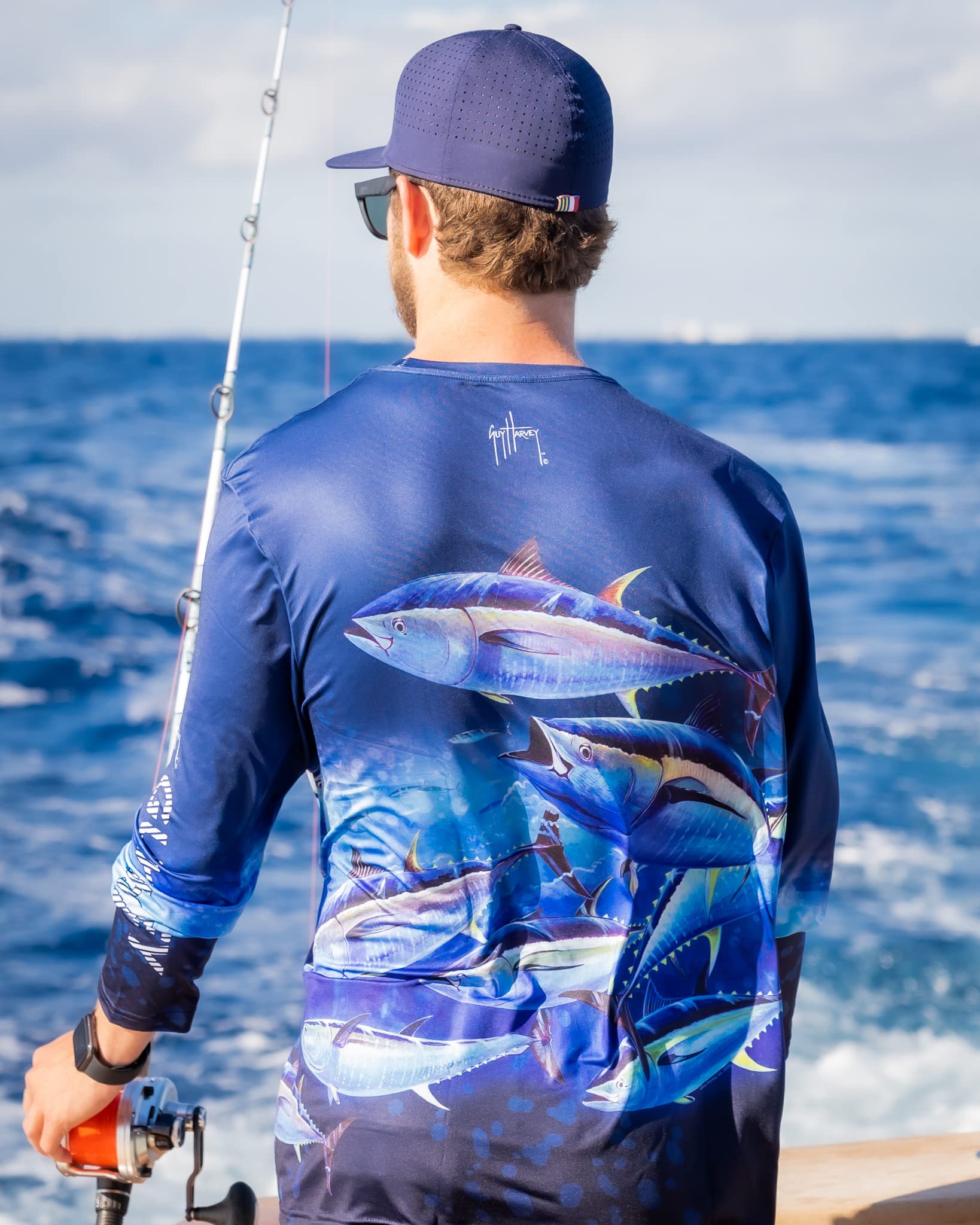 Guy Harvey Men's Frenzy Sun Protection Long Sleeve Shirt, Surf The Web/Frenzy, Large