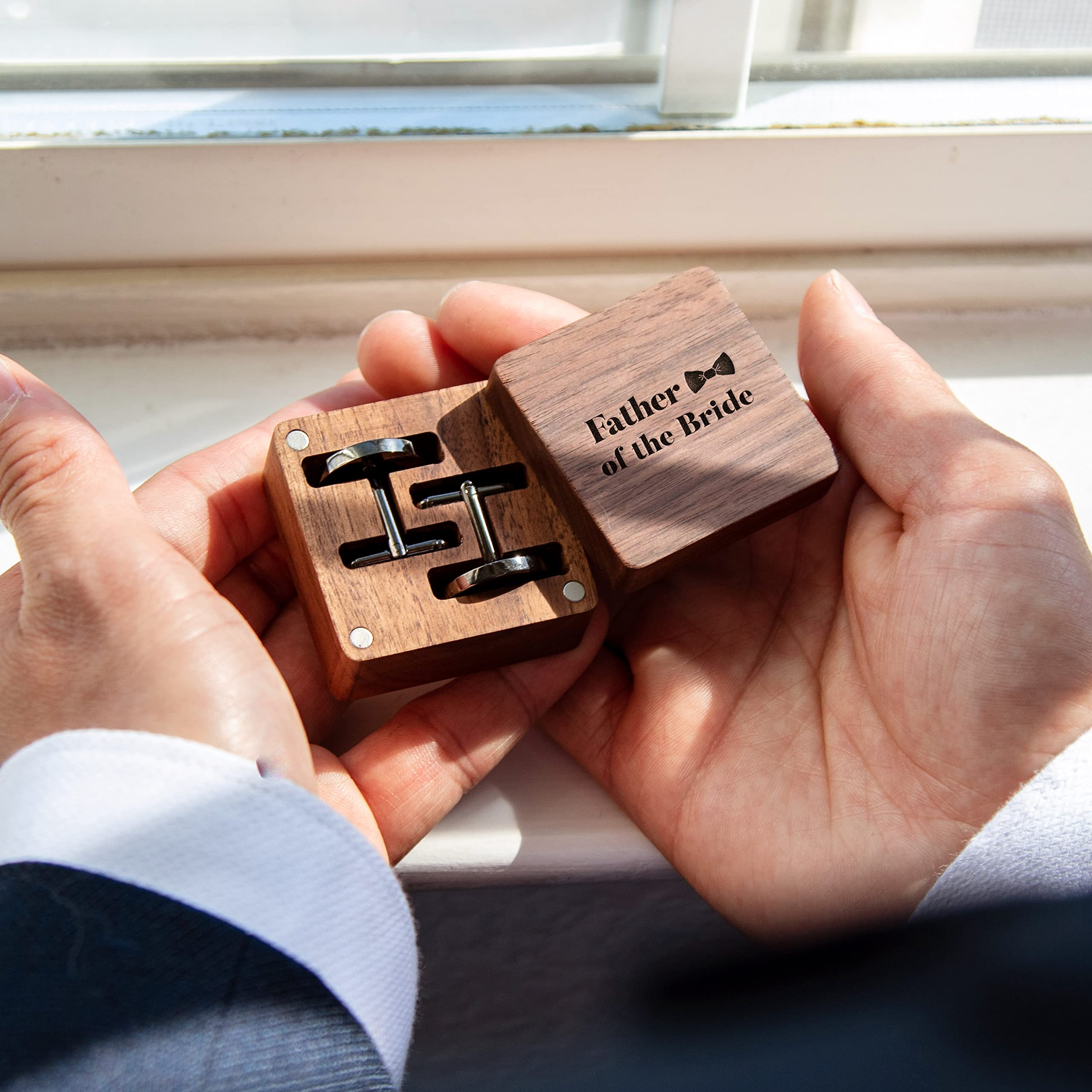 MUUJEE Cufflinks with Engraved Wood Gift Box - Father Of The Bride Gift on Wedding Day Marriage Ceremony for Dad FIL from Daughter Son In Law, Tuxedo Dress Shirt Studs Accessory, Meaningful Keepsake