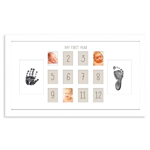 Hapinest My First Year Baby Handprint and Footprint Keepsake Monthly Picture Photo Frame - Neutral Nursery Wall Décor Baby Shower Registry Gifts for New Moms and Dads