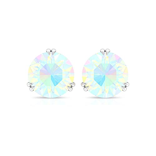 Natural Ethiopian Opal Solitaire Stud Earrings, Certified 8 MM Rainbow Opal, AAA Quality, October Birthstone Earrings, 14K White Gold