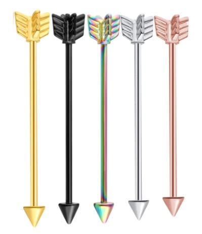 14G Industrial Stainless Steel Barbell with Arrow Ends - 14 Gauge Cartilage Industrial Ear Piercing Jewelry (Gold)