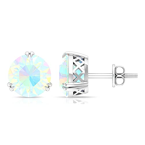 Natural Ethiopian Opal Solitaire Stud Earrings, Certified 8 MM Rainbow Opal, AAA Quality, October Birthstone Earrings, 14K White Gold