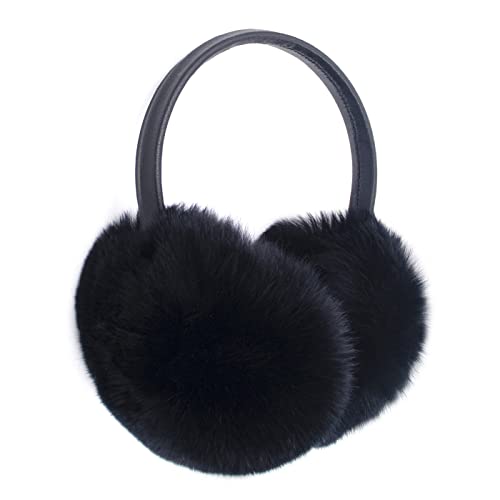 surell Rex Rabbit Fur Earmuffs with Adjustable Leather Band - Soft Earmuffs for Women (Black)