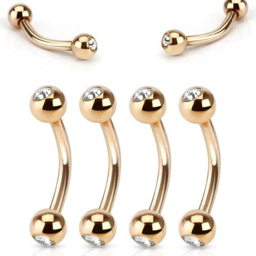 4 Pc Rose Gold IP CZ Surgical Steel Curve Bar Lip Piercing Eyebrow Ring 16g - 8mm