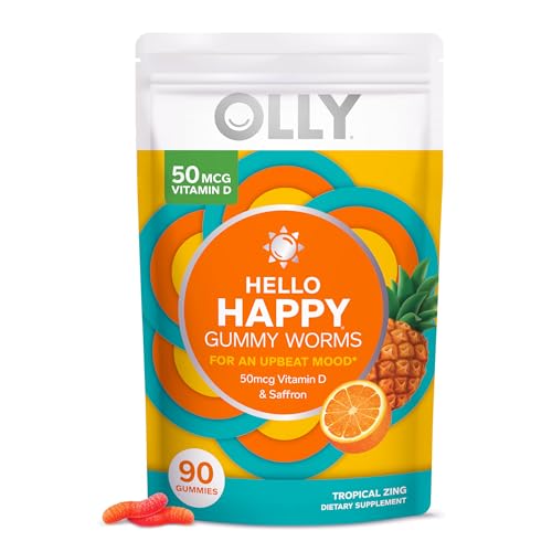 OLLY Hello Happy Gummy Worms, Mood Balance Support, Vitamin D, Saffron, Adult Chewable Supplement, Gluten Free, Tropical Zing - 90 Count