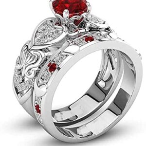 3Ct Round Cut Red Garnet & Diamond Flower Inspired Wedding Bridal Ring Set 14k White Gold Finish (5)