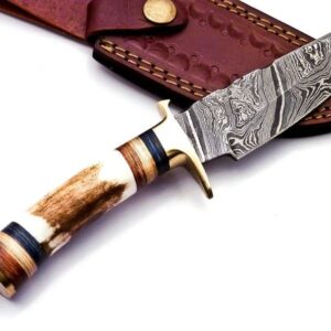 8 inch Handmade Damascus Steel Hunting knife Handle Deer Antler W Leather C. The Handle Color and Gard shape could be different then Pics