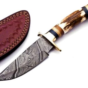 8 inch Handmade Damascus Steel Hunting knife Handle Deer Antler W Leather C. The Handle Color and Gard shape could be different then Pics