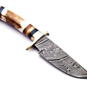 8 inch Handmade Damascus Steel Hunting knife Handle Deer Antler W Leather C. The Handle Color and Gard shape could be different then Pics