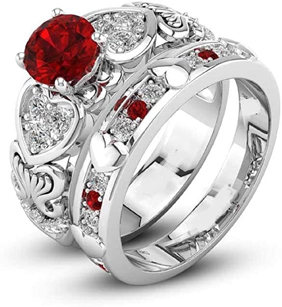 3Ct Round Cut Red Garnet & Diamond Flower Inspired Wedding Bridal Ring Set 14k White Gold Finish (8)