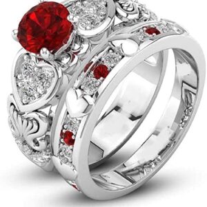 3Ct Round Cut Red Garnet & Diamond Flower Inspired Wedding Bridal Ring Set 14k White Gold Finish (5)