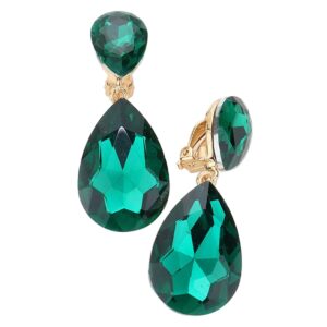 Rosemarie & Jubalee Women's Double Teardrop Statement Glass Crystal Rhinestone Dangle Clip On Bridal Earrings, 2" (Emerald Green Crystal Gold Tone)