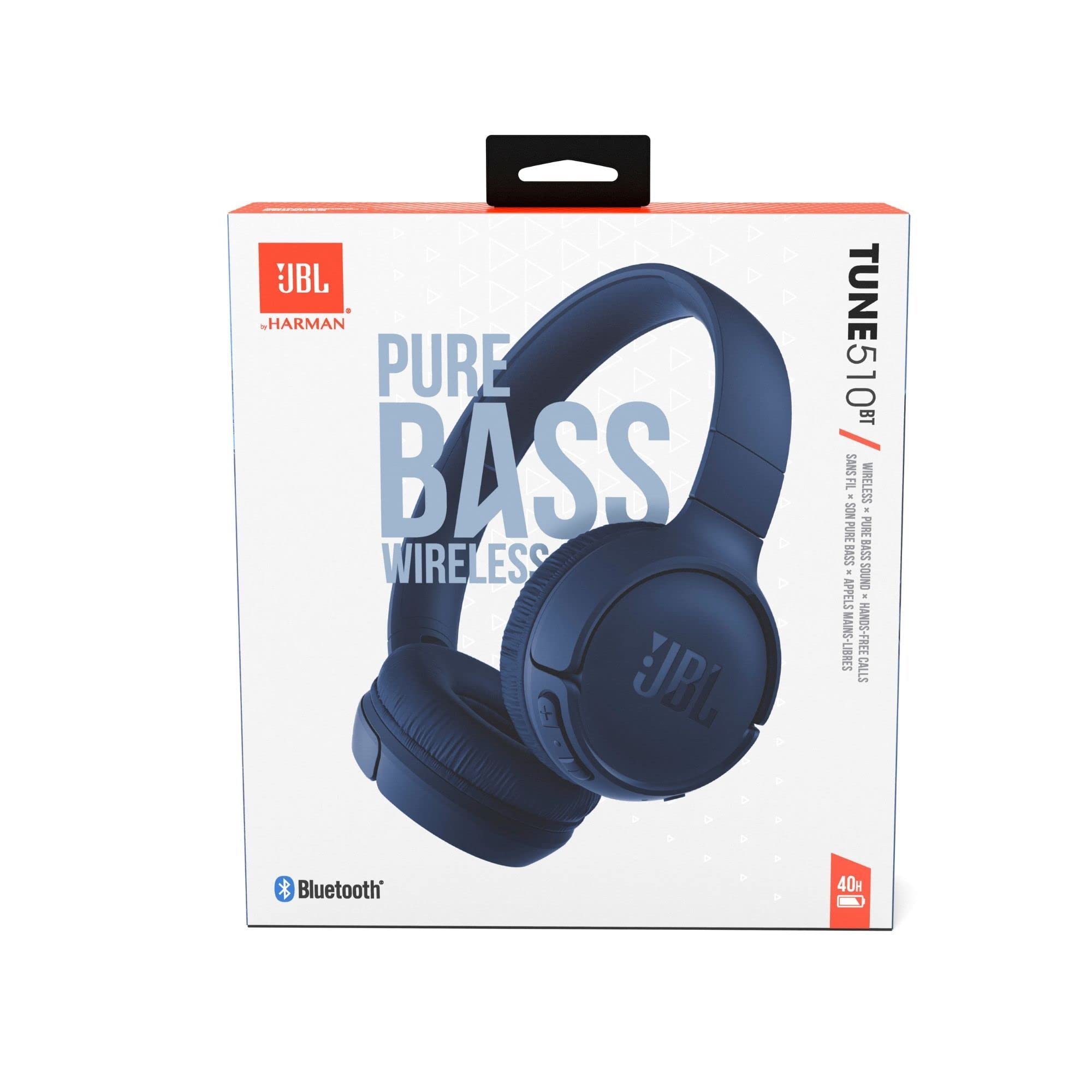 JBL Tune 510BT: Wireless On-Ear Headphones with Purebass Sound - Blue (Renewed)