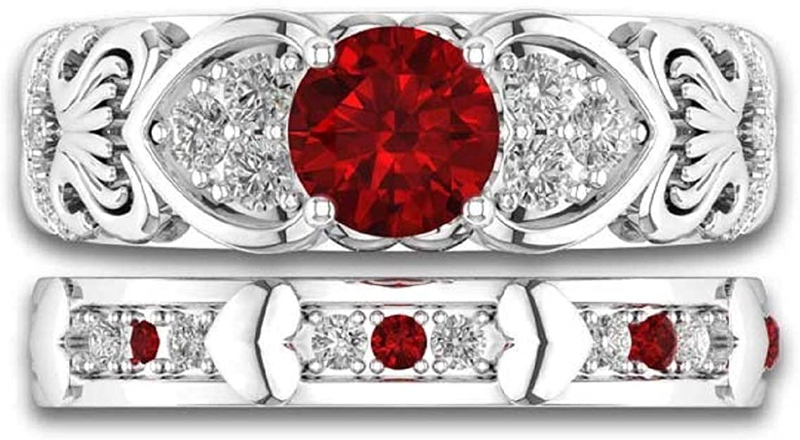 3Ct Round Cut Red Garnet & Diamond Flower Inspired Wedding Bridal Ring Set 14k White Gold Finish (8)