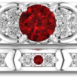 3Ct Round Cut Red Garnet & Diamond Flower Inspired Wedding Bridal Ring Set 14k White Gold Finish (5)