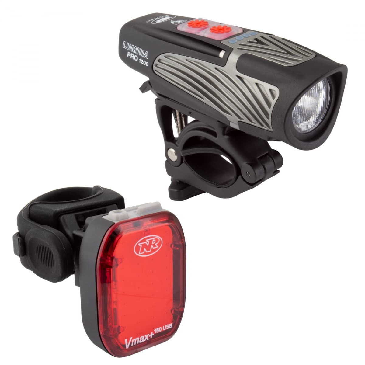 Lumina Pro 1200 and Vmax+ 150 Bike Light Set Combo USB Rechargeable Bicycle Headlight LED Front Light Water Resistant Mountain Road City Commuting Cycling Safety Flash Black/Red